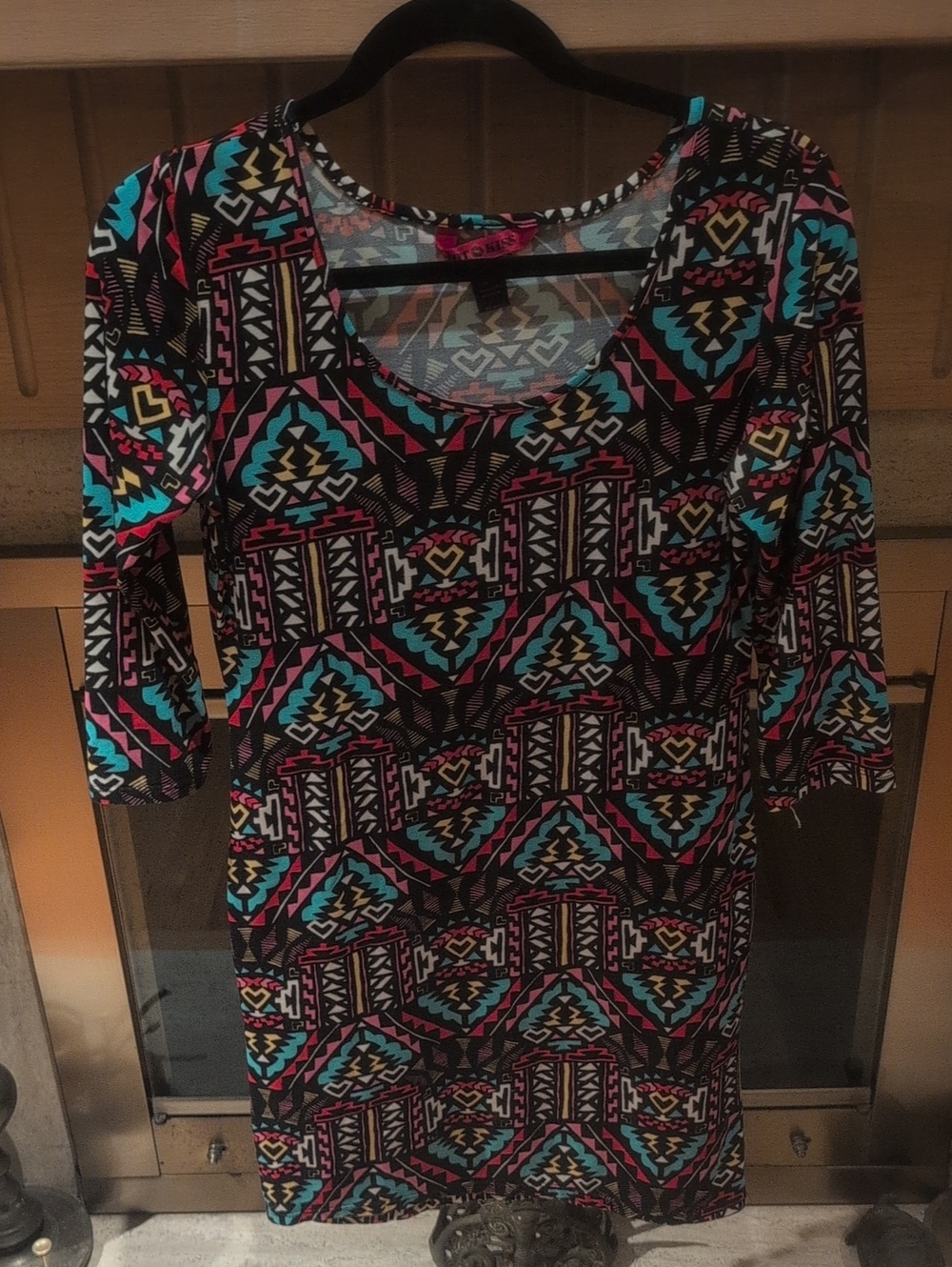 Hot Kiss Black Tribal Print Scoop Neck Tunic with Pink & Teal